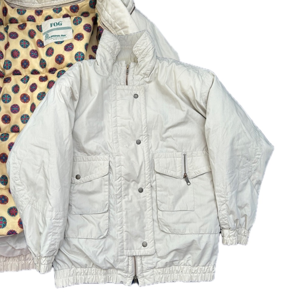 Vintage‎ London Fog Women's Cream Puffer Jacket Down Lined Funky Print Size S